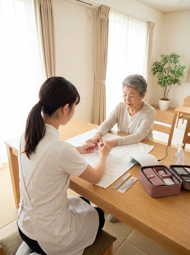 ご自宅での穏やかな出張ネイル施術の様子
